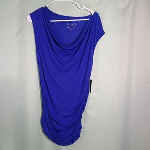 Women’s Blue Draped Top – Sleeveless Cowl Neck Ruched Side Stretch Blouse